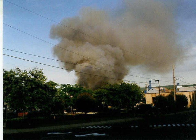 The Musselman's fire smoke plume visible from Main St. and Railroad Avenue in New Holland... May 1994